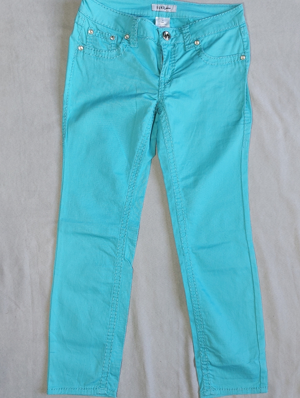 Suko Turquoise Blue Rhinestone Straight Leg Roadrunner Jeans Pants, 4